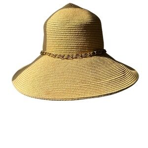 Wide Brim Straw Sun Hat with Chain Trim